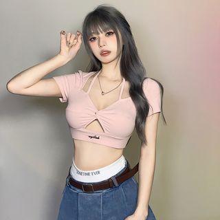 Short-sleeve Halter Cutout Crop Top