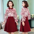 Long-sleeve Floral Print Panel A-line Collared Dress