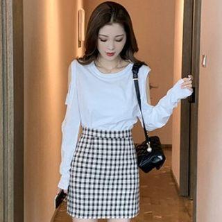 Set: Cold-shoulder Long-sleeve T-shirt + Plaid Mini A-line Skirt