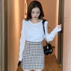 Set: Cold-shoulder Long-sleeve T-shirt + Plaid Mini A-line Skirt