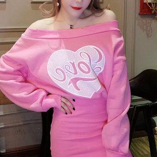 Long-sleeve Heart Jacquard Mini Dress Pink - One Size