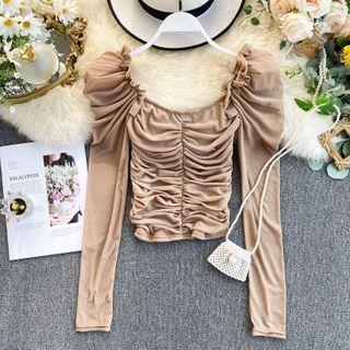 Square-neck Mesh Ruched Puff-sleeve Top