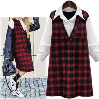 Mock Two-piece Plaid A-line Collared Dress