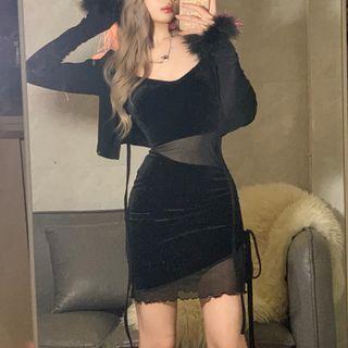 Fluffy Trim Cropped Cardigan / Strappy Mesh Panel Mini Bodycon Dress