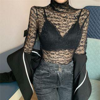 Mock-turtleneck Lettering Long-sleeve Mesh Top