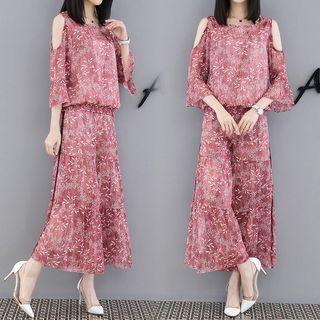 Set: Cold-shoulder Floral Top + Floral Wide Leg Pants