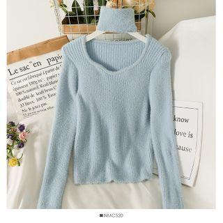 Skinny Furry-knit Top With Choker In 5 Colors