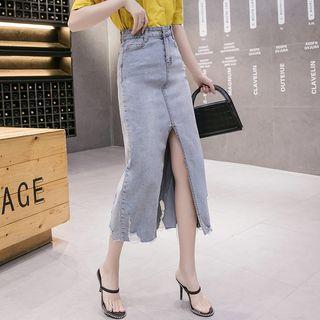 Distressed Midi Straight-fit Skirt