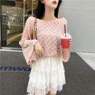 Plain Bell-sleeve Loose-fit Knit Top / Lace Skirt