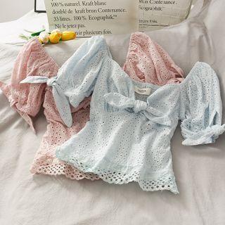 Eyelet Boatneck Ribbon Crop Blouse