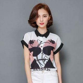 Short-sleeve Print Chiffon Polo Shirt