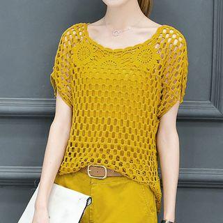 Set: Short-sleeve Perforated Top + Camisole Top + Shorts