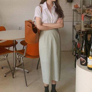 Short-sleeve Shirt / Gingham Midi A-line Dress