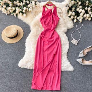 Cutout Halter Slit Sleeveless Dress