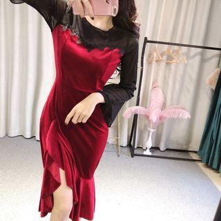 Long-sleeve Mesh Panel Ruffle Hem Midi Dress