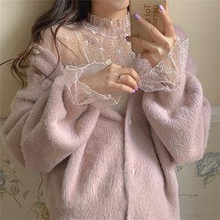 Plain Mock-neck Long-sleeve Lace Top