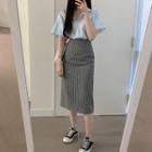Plain Short-sleeve Blouse / Gingham Midi Straight-fit Skirt