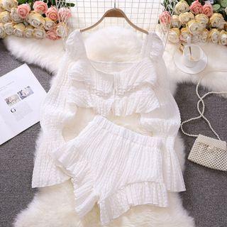 Set: Puff-sleeve Cropped Blouse + Ruffled Shorts