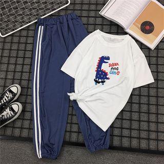 Set: Cartoon Print Short-sleeve T-shirt + Contrast Trim Sweatpants