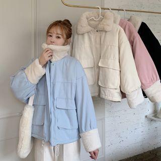 Shearling-collar Big-pocket Padded Long-sleeve Jacket