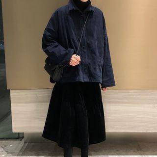 Corduroy Button Jacket / Midi A-line Velvet Skirt