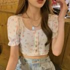 Puff Sleeve Cropped Floral Print Top White - One Size
