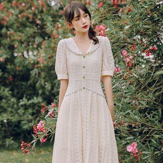 Short-sleeve Lace Wide-collar A-line Midi Dress