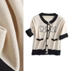 Heart Jacquard Contrast-trim Short-sleeve Knit Top