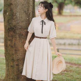 Short-sleeve Midi A-line Shirtdress / Neckerchief / Ribbon / Set