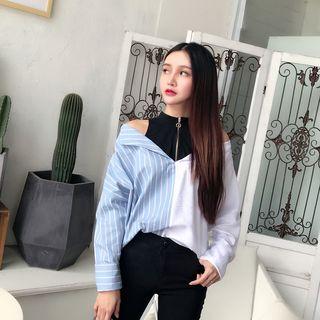 Contrast Panel Long-sleeve Mock Two-piece Blouse