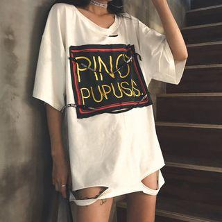Elbow-sleeve Letter Tape Ripped T-shirt