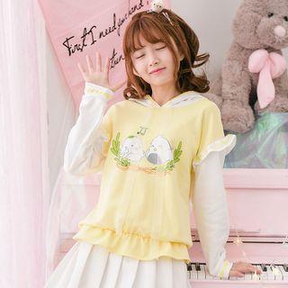 Print Frilled Panel Hoodie