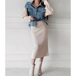 Set: Fray-hem Contrast-sleeve Denim Jacket + Knit Skirt
