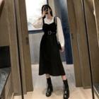 Set: Puff-sleeve T-shirt + Belted Midi Pinafore Dress