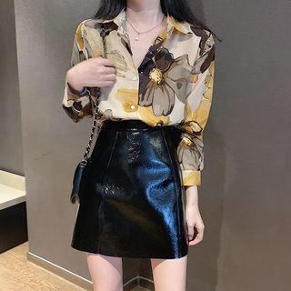 Floral Print Shirt / Faux Leather Mini A-line Skirt