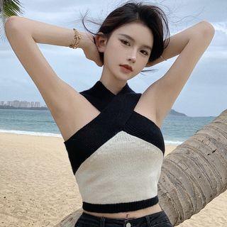 Halter-neck Ribbed Knit Top Black & White - One Size