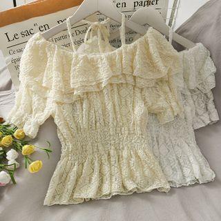Smocked-waist Ruffled Lace Halter Top