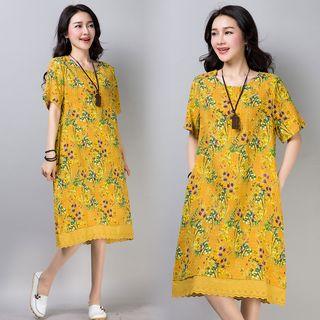 Short-sleeve Floral Embroidery Midi Dress