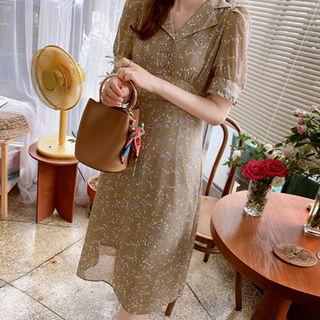 Notched-lapel Tie-waist Floral Print Dress