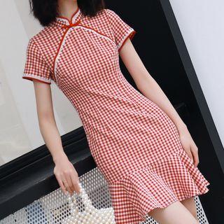Checked Lace Trim Short-sleeve Qipao
