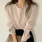 Plain Puff-sleeve Blouse Almond - One Size