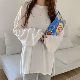 Plain Long-sleeve Split T-shirt White - One Size