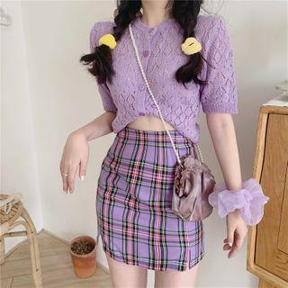Short-sleeve Cut-out Knit Cardigan / Plaid Skirt