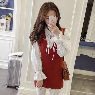 Set: Long-sleeve Lace-up Blouse + V-neck Knit Vest