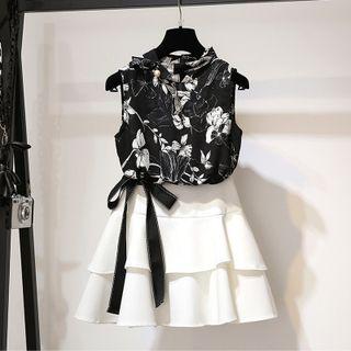 Set: Sleeveless Floral Print Chiffon Top + Tiered Mini Skirt