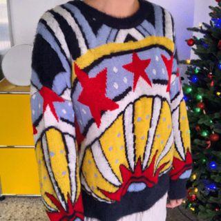 Drop-shoulder Multicolor Patterned Sweater Navy Blue - One Size