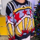 Drop-shoulder Multicolor Patterned Sweater Navy Blue - One Size