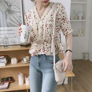 Heart Print Lace Panel V-neck Blouse