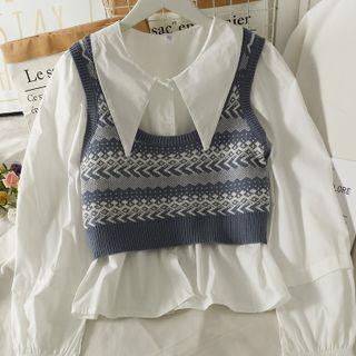 Set: Pointy-collar Loose Shirt + Printed Knit Vest