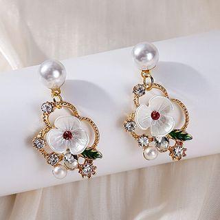 Flower Rhinestone Pearl Alloy Dangle Earring 1 Pair - E5549 - Gold - One Size